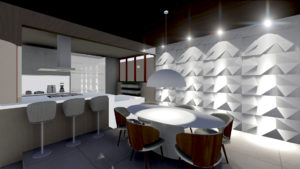 projeto de decoração e arquitetura de interiores da sala de jantar, com visão da cozinha integrada e sala de estar 