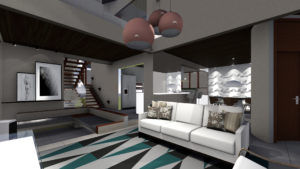 projeto de decoração e arquitetura de interiores da sala de estar, com visão da cozinha integrada e sala de jantar